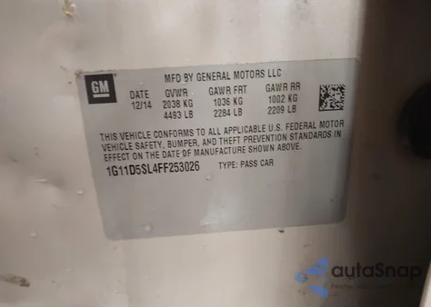 2015 Chevrolet Malibu 2Lt z USA, uszkodzony, nr VIN 1G11D5SL4FF253026